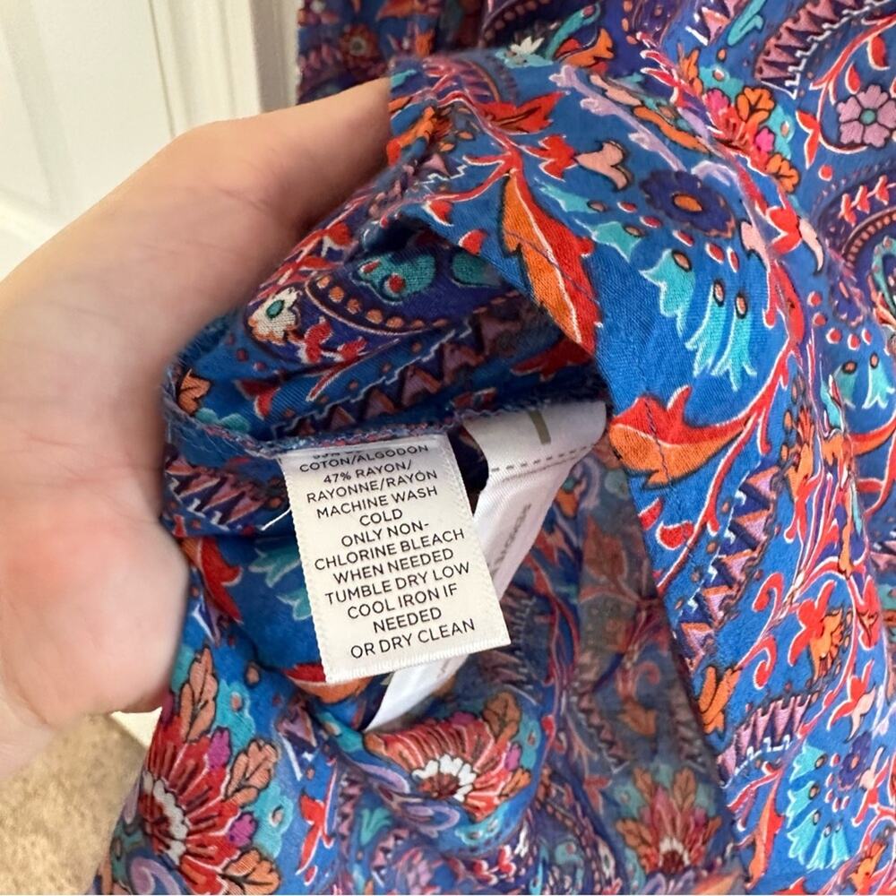 LOFT The Softened Shirt Blue Red Block Print Long Sleeve Blouse Top Small - Picture 9 of 13